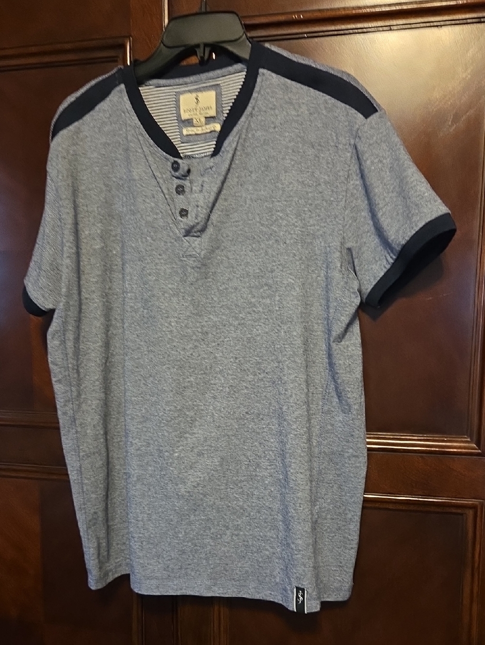 Men's‎ Heather Blue Short-Sleeve Henley with Navy Trim